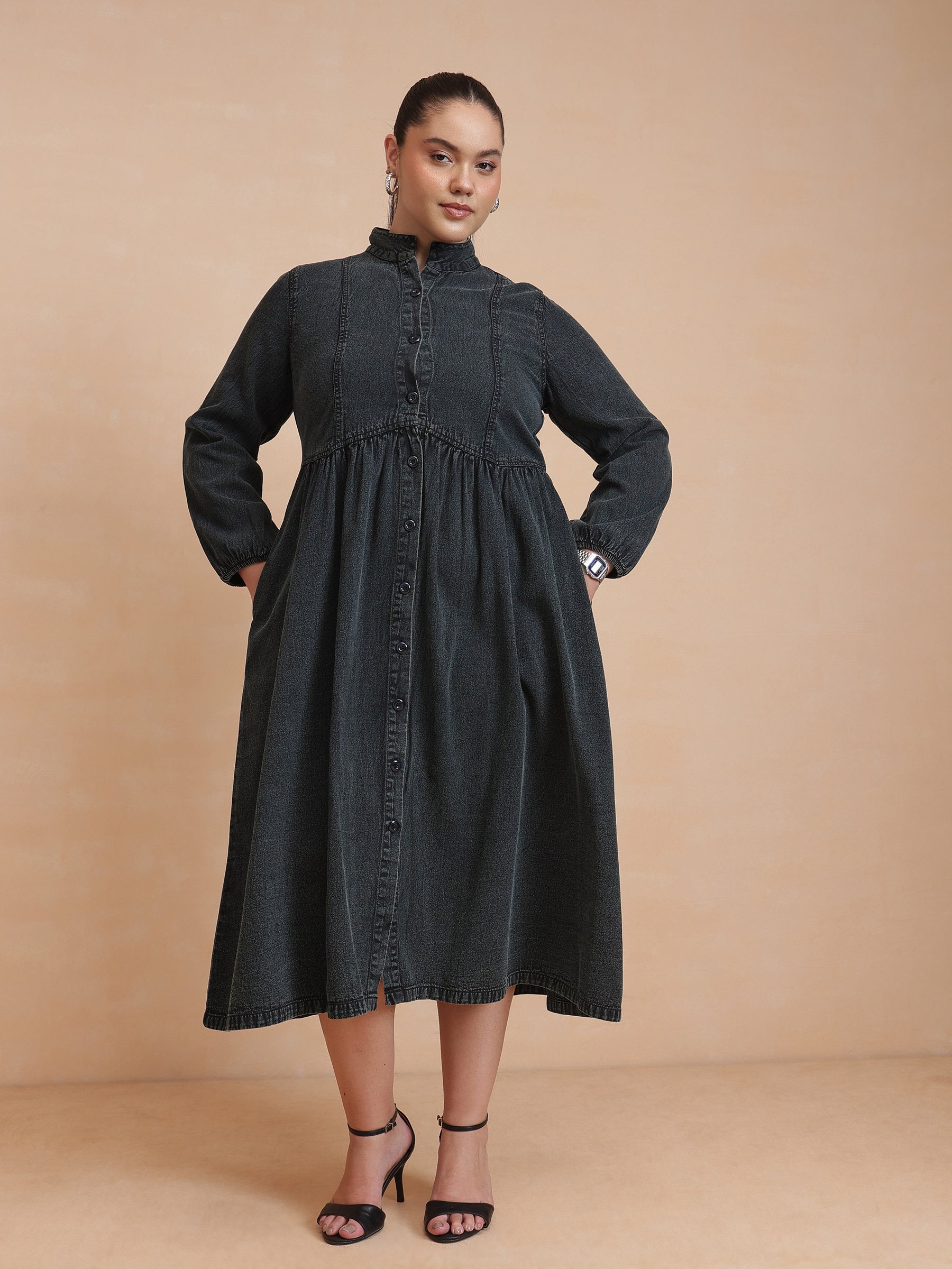 Women Black Wash Denim Button Down Midi Dress