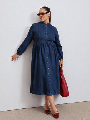 Navy Wash Denim Button Down Midi Dress-SASSAFRAS Curve