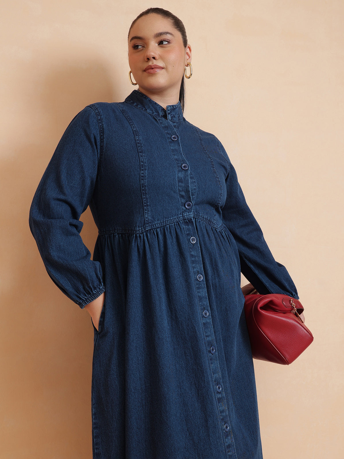 Navy Wash Denim Button Down Midi Dress-SASSAFRAS Curve
