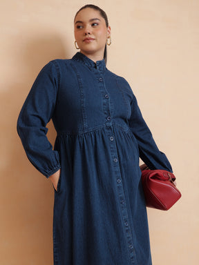 Navy Wash Denim Button Down Midi Dress-SASSAFRAS Curve