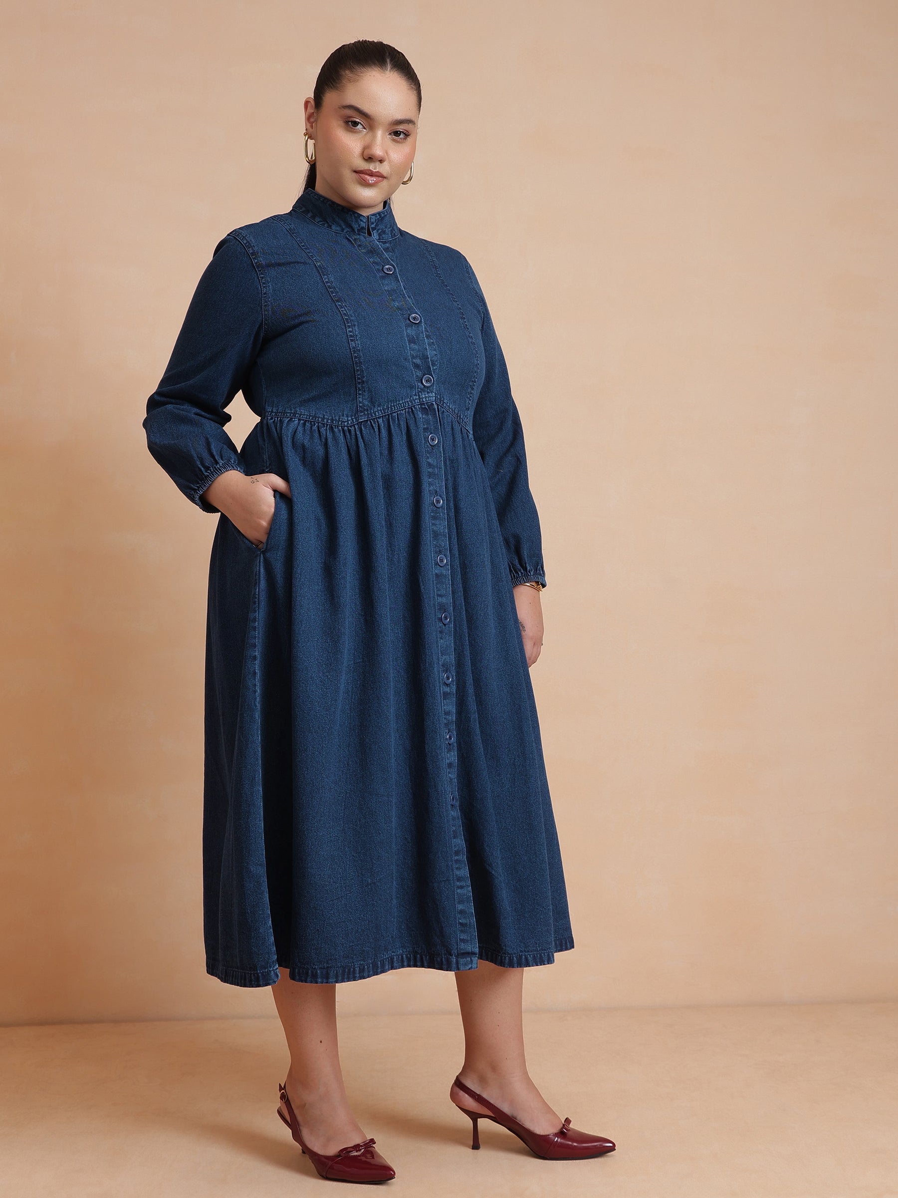 Navy Wash Denim Button Down Midi Dress-SASSAFRAS Curve