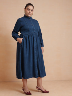 Navy Wash Denim Button Down Midi Dress-SASSAFRAS Curve