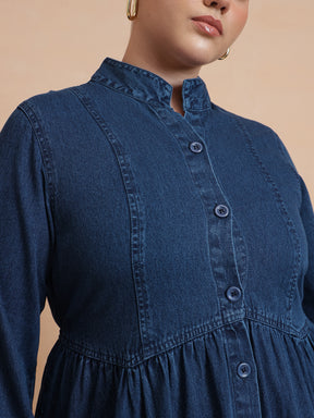 Navy Wash Denim Button Down Midi Dress-SASSAFRAS Curve