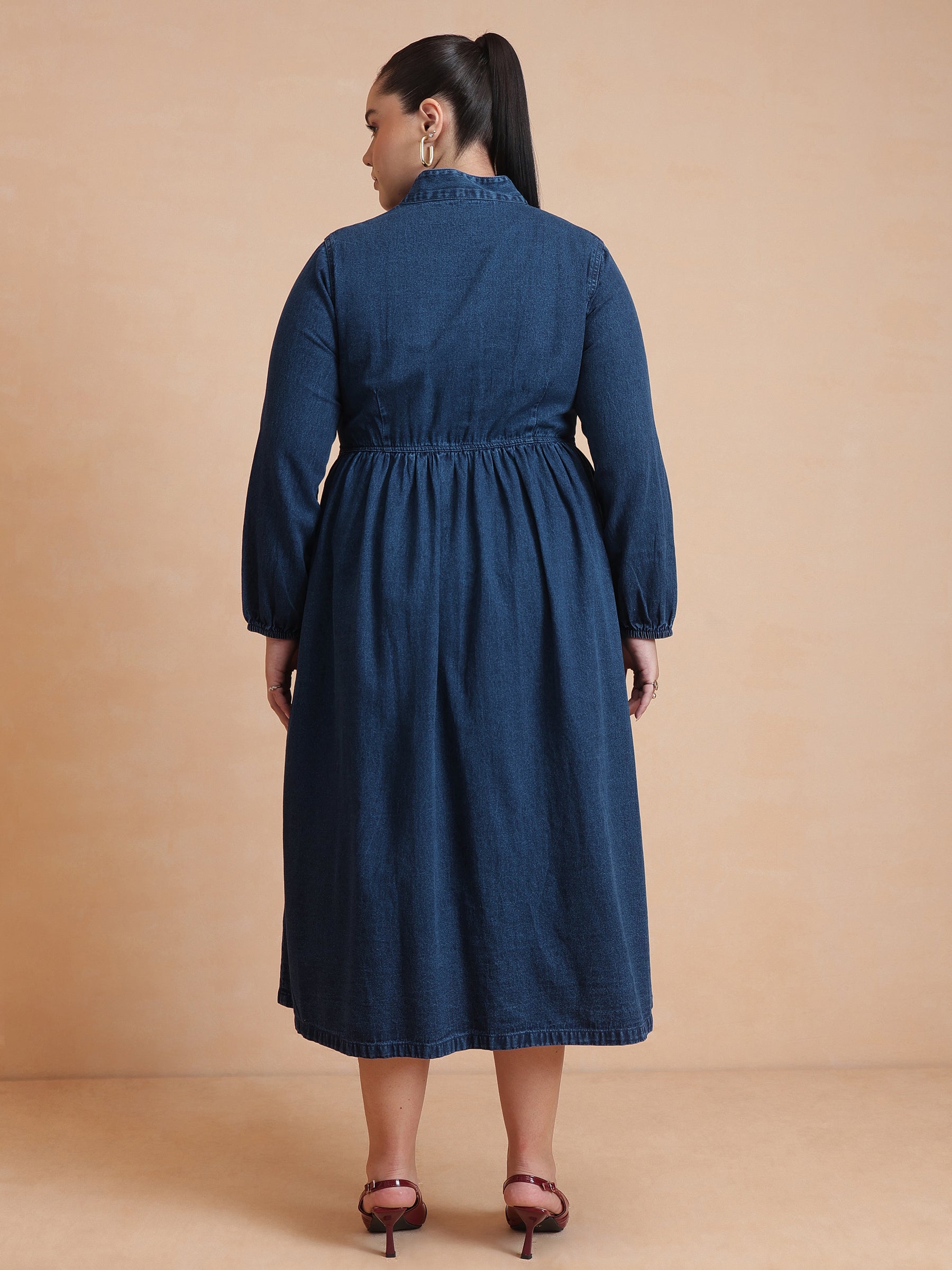 Navy Wash Denim Button Down Midi Dress-SASSAFRAS Curve