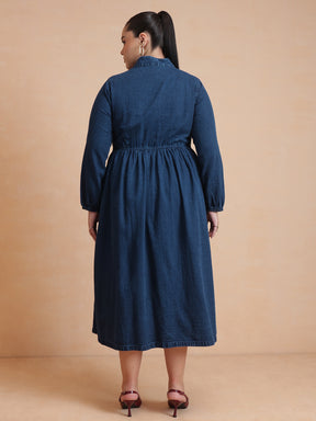 Navy Wash Denim Button Down Midi Dress-SASSAFRAS Curve
