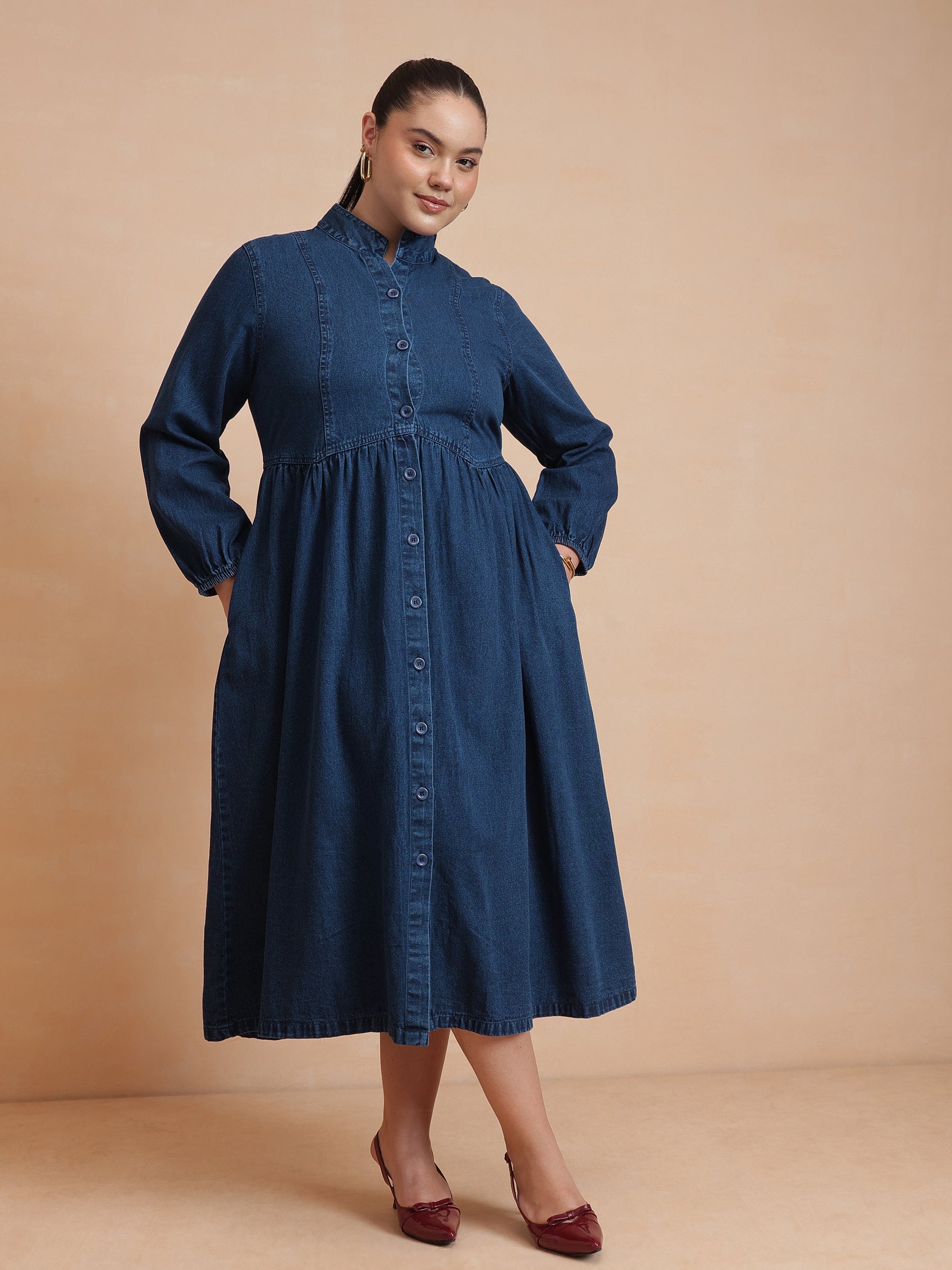 Women Navy Wash Denim Button Down Midi Dress