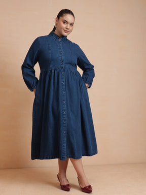 Women Navy Wash Denim Button Down Midi Dress