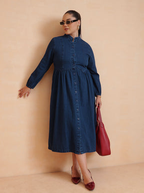 Women Navy Wash Denim Button Down Midi Dress