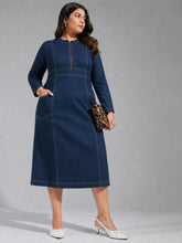 Navy Denim Front Zipper Midi Dress-SASSAFRAS Curve