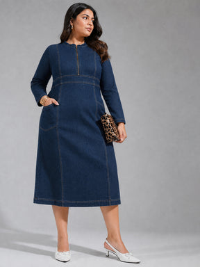 Navy Denim Front Zipper Midi Dress-SASSAFRAS Curve