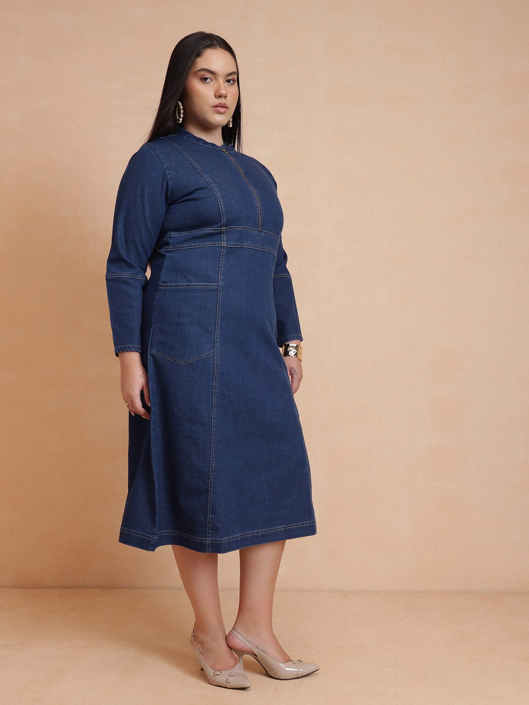 Navy Denim Front Zipper Midi Dress-SASSAFRAS Curve