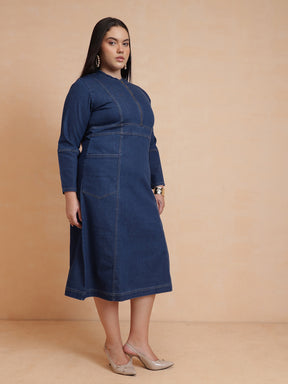 Navy Denim Front Zipper Midi Dress-SASSAFRAS Curve