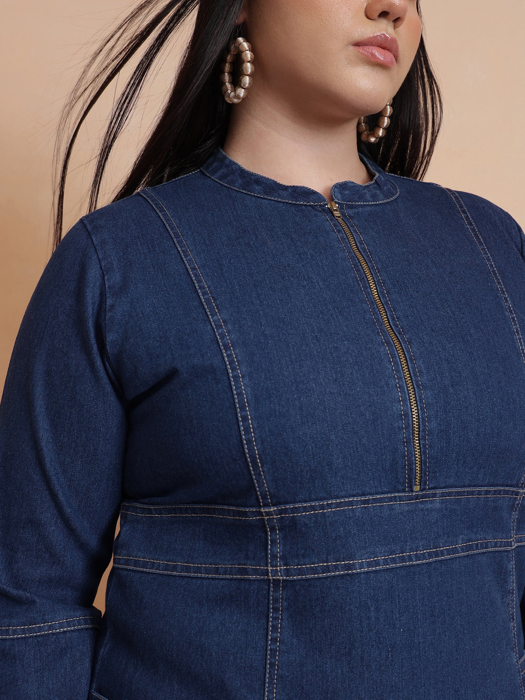 Navy Denim Front Zipper Midi Dress-SASSAFRAS Curve