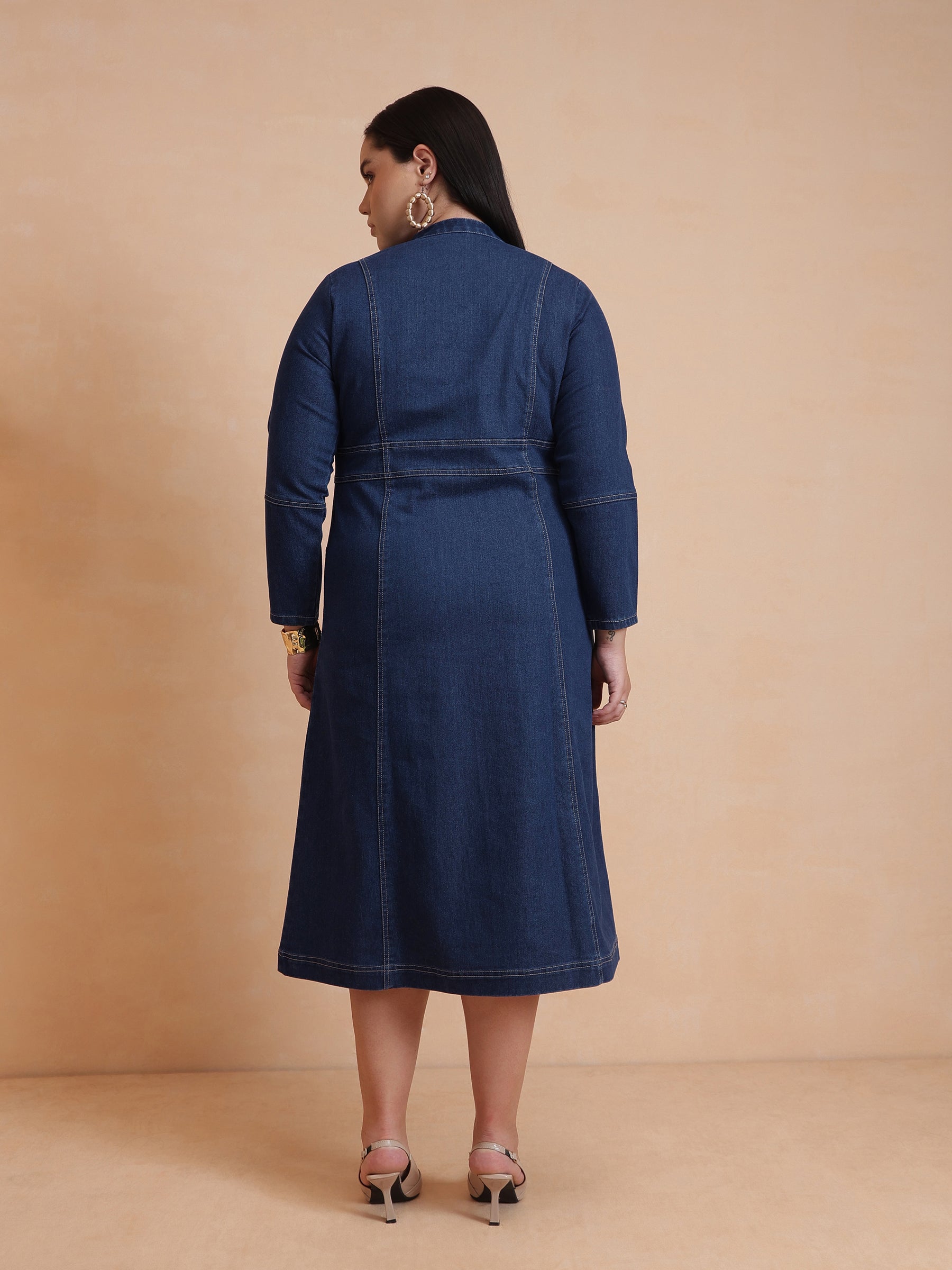Navy Denim Front Zipper Midi Dress-SASSAFRAS Curve