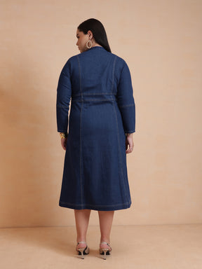 Navy Denim Front Zipper Midi Dress-SASSAFRAS Curve