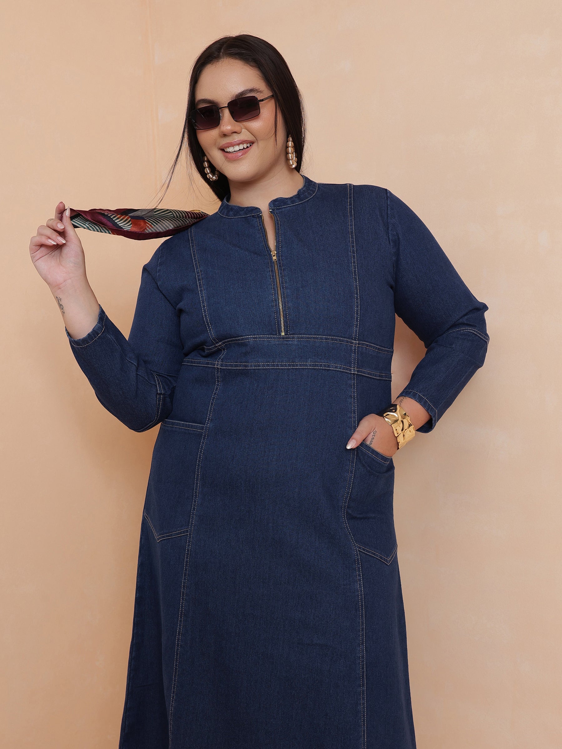 Women Navy Denim Front Zipper Midi Dress