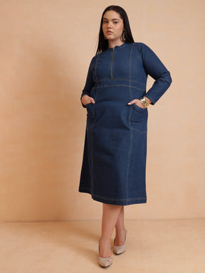 Women Navy Denim Front Zipper Midi Dress