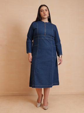 Women Navy Denim Front Zipper Midi Dress