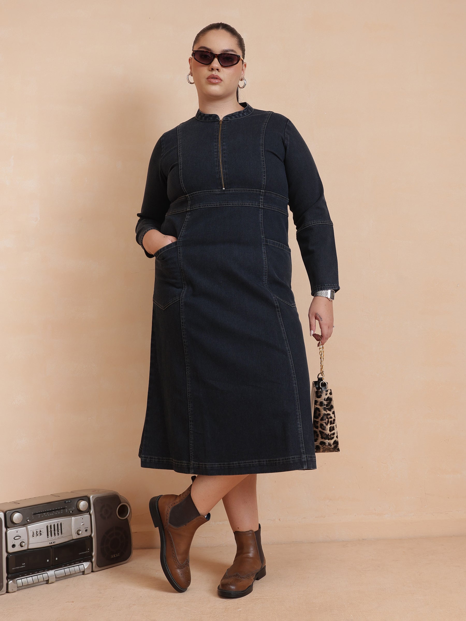 Black Wash Denim Front Zipper Midi Dress-SASSAFRAS Curve