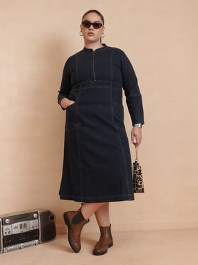 Black Wash Denim Front Zipper Midi Dress-SASSAFRAS Curve