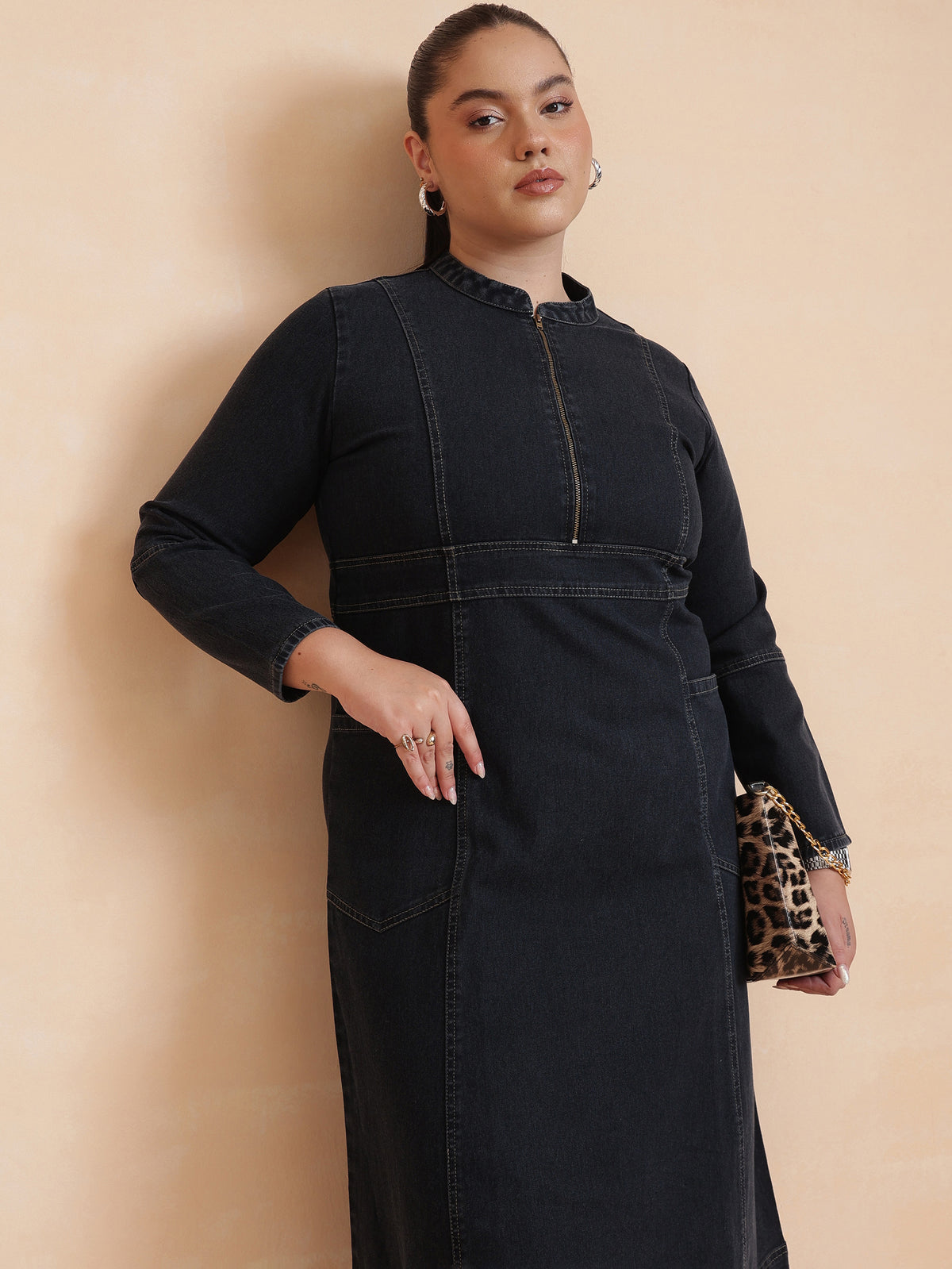 Black Wash Denim Front Zipper Midi Dress-SASSAFRAS Curve