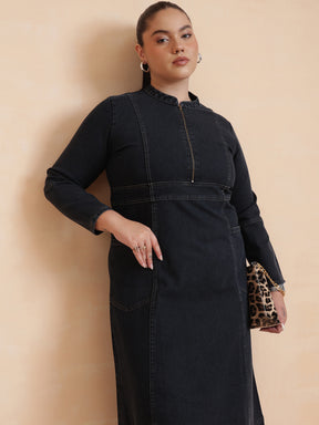 Black Wash Denim Front Zipper Midi Dress-SASSAFRAS Curve