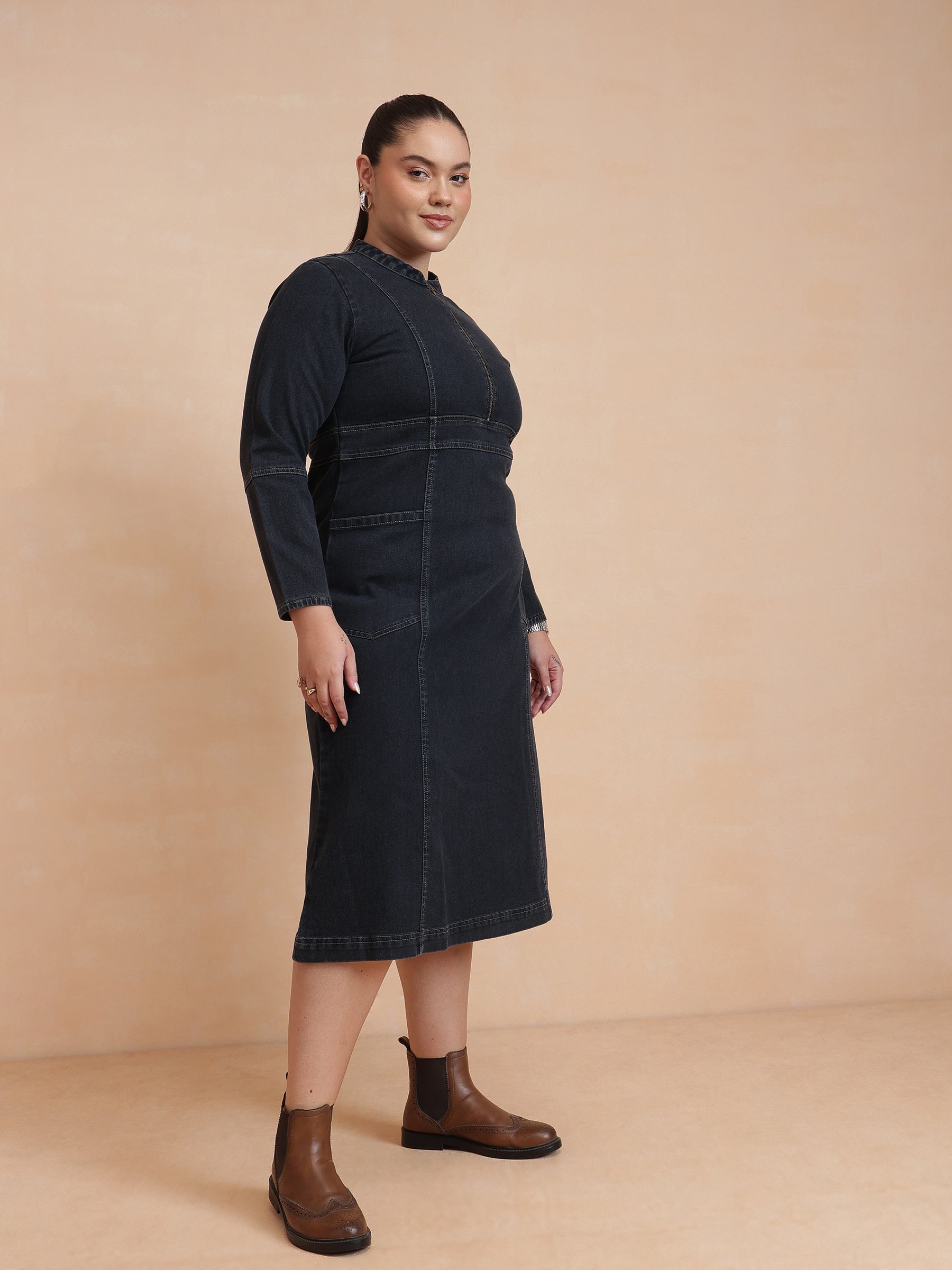 Black Wash Denim Front Zipper Midi Dress-SASSAFRAS Curve