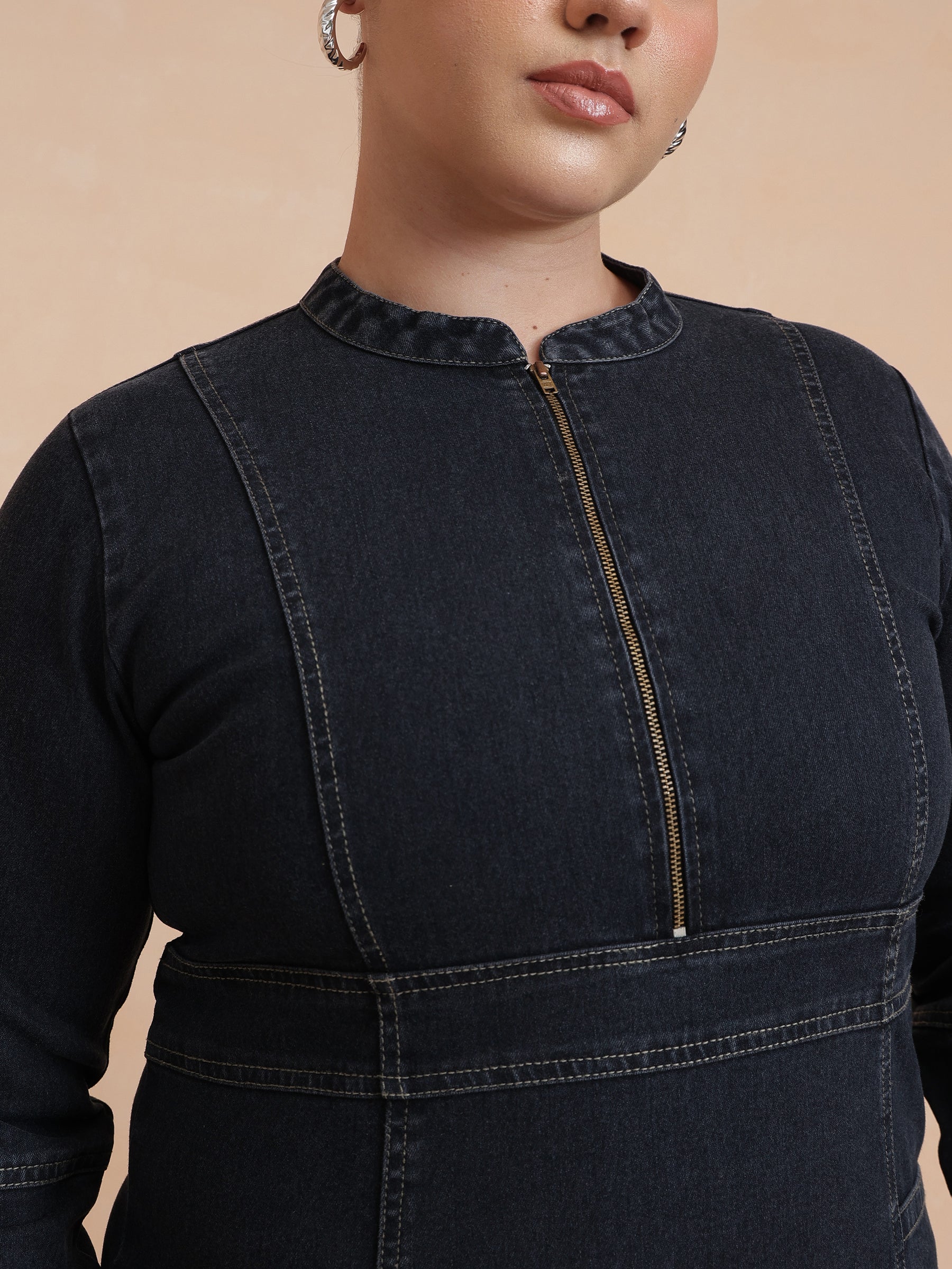 Black Wash Denim Front Zipper Midi Dress-SASSAFRAS Curve