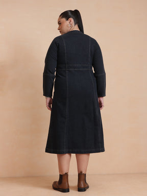 Black Wash Denim Front Zipper Midi Dress-SASSAFRAS Curve