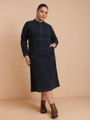 Women Black Wash Denim Front Zipper Midi Dress