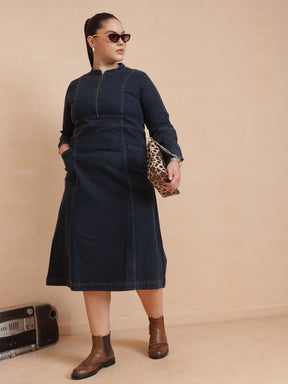 Women Black Wash Denim Front Zipper Midi Dress