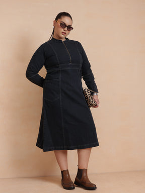 Women Black Wash Denim Front Zipper Midi Dress