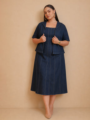 Navy Denim Strappy Dress With Shrug-SASSAFRAS Curve