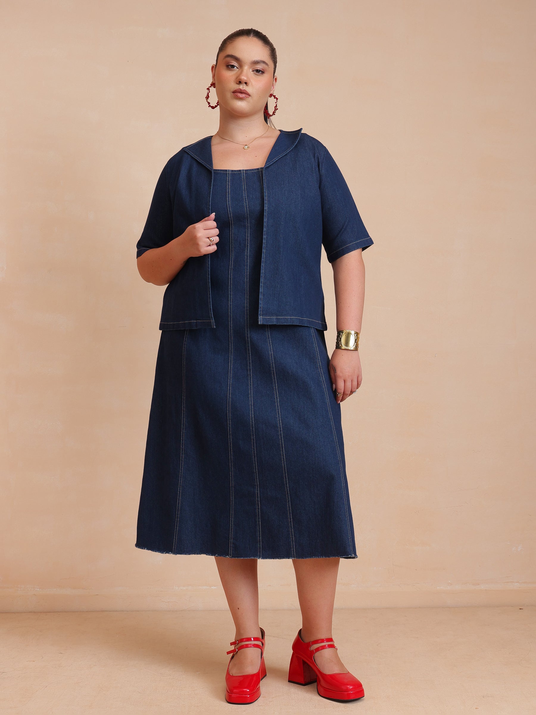 Navy Denim Strappy Dress With Shrug-SASSAFRAS Curve