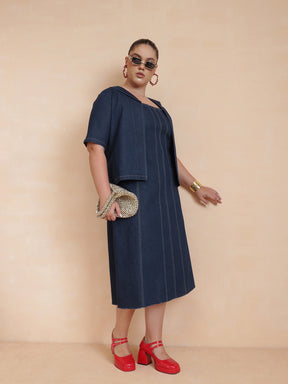 Navy Denim Strappy Dress With Shrug-SASSAFRAS Curve