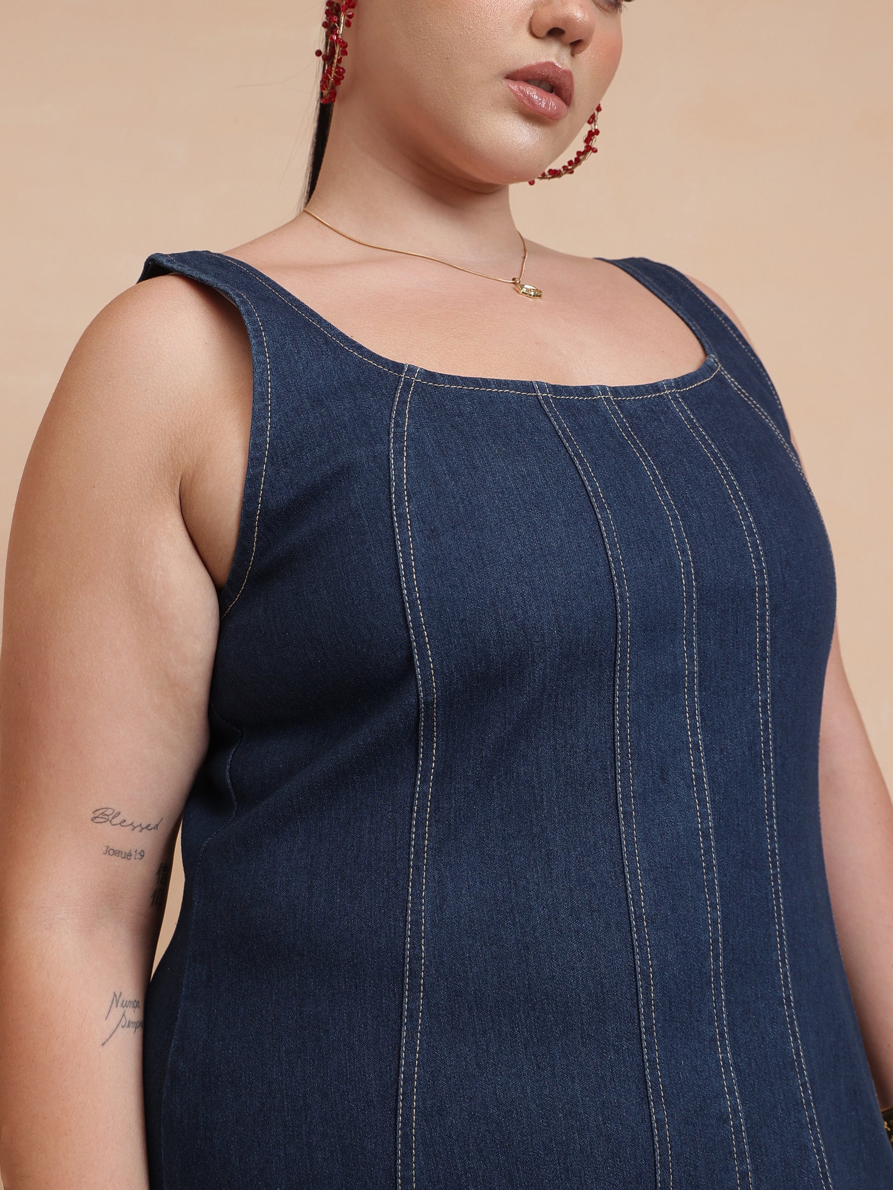 Navy Denim Strappy Dress With Shrug-SASSAFRAS Curve