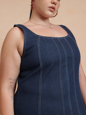Navy Denim Strappy Dress With Shrug-SASSAFRAS Curve