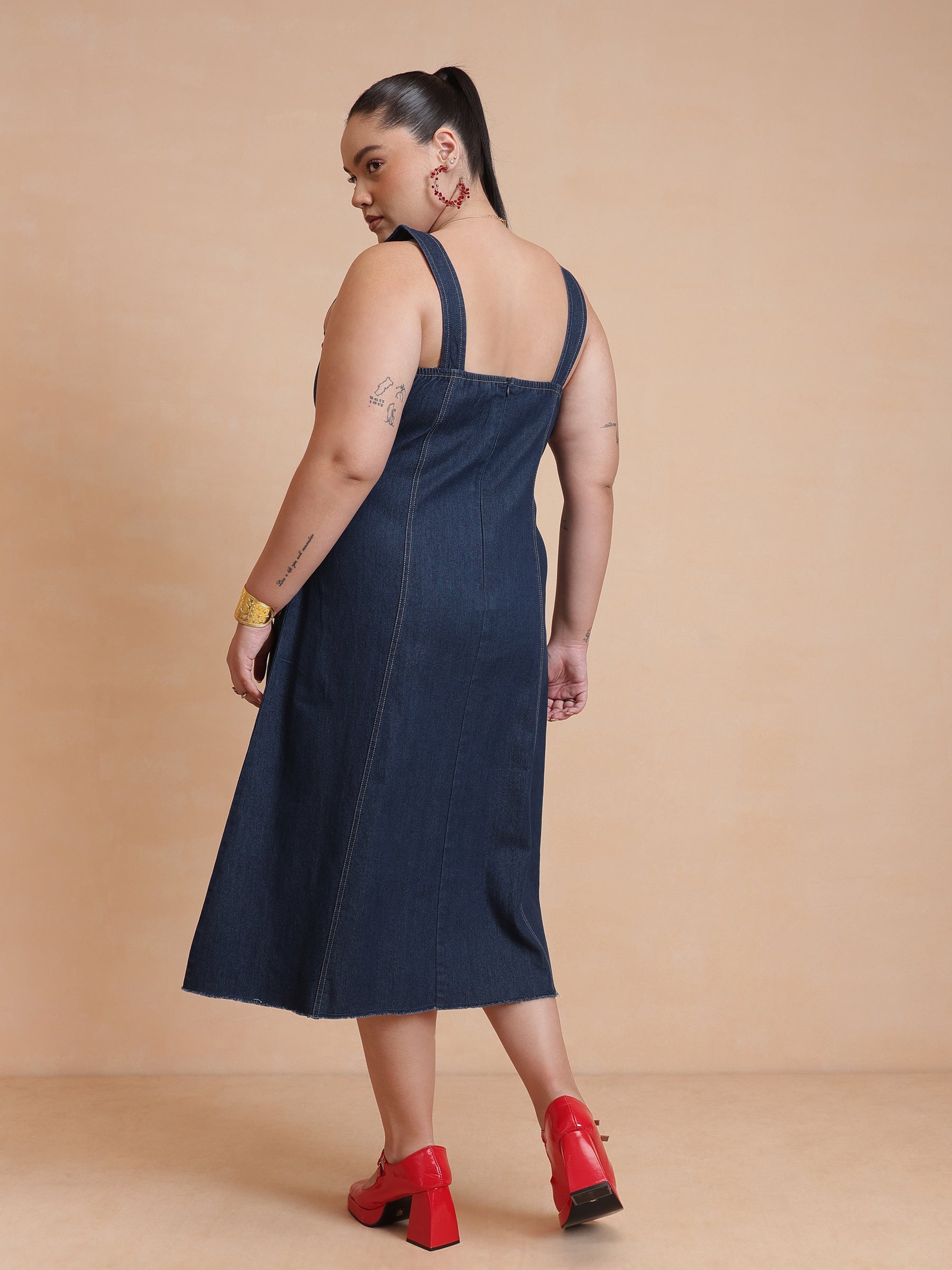 Navy Denim Strappy Dress With Shrug-SASSAFRAS Curve
