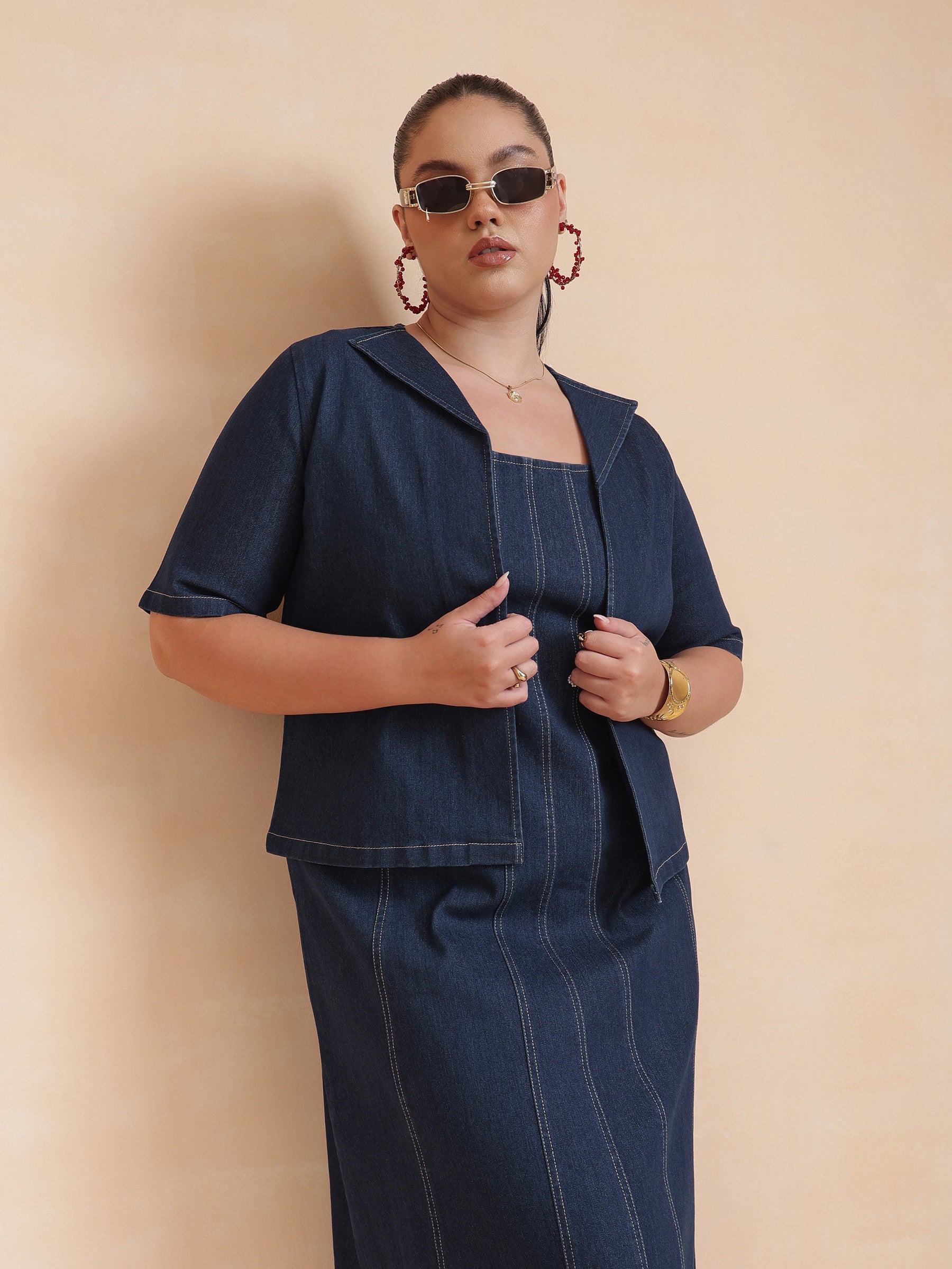 Women Navy Denim Strappy Dress With Shrug