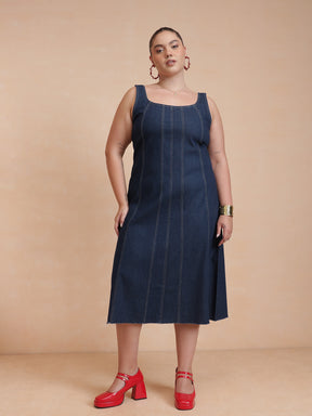 Women Navy Denim Strappy Dress With Shrug