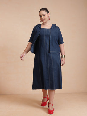 Women Navy Denim Strappy Dress With Shrug