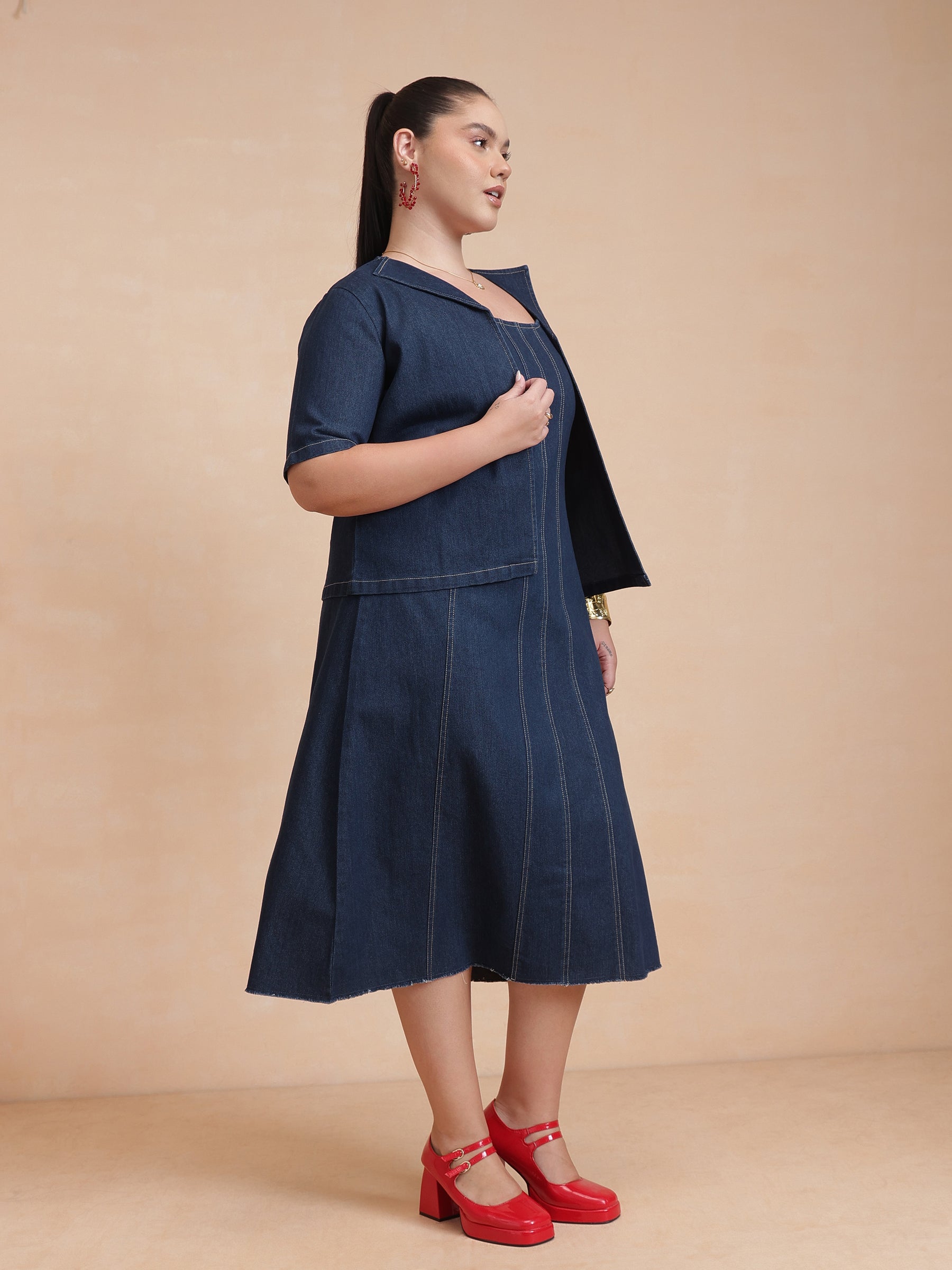 Women Navy Denim Strappy Dress With Shrug