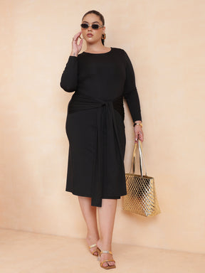 Black Front Tie-Knot Bodycon Midi Dress -SASSAFRAS Curve