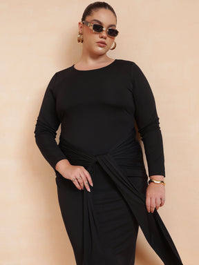 Black Front Tie-Knot Bodycon Midi Dress -SASSAFRAS Curve