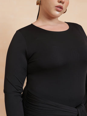 Black Front Tie-Knot Bodycon Midi Dress -SASSAFRAS Curve