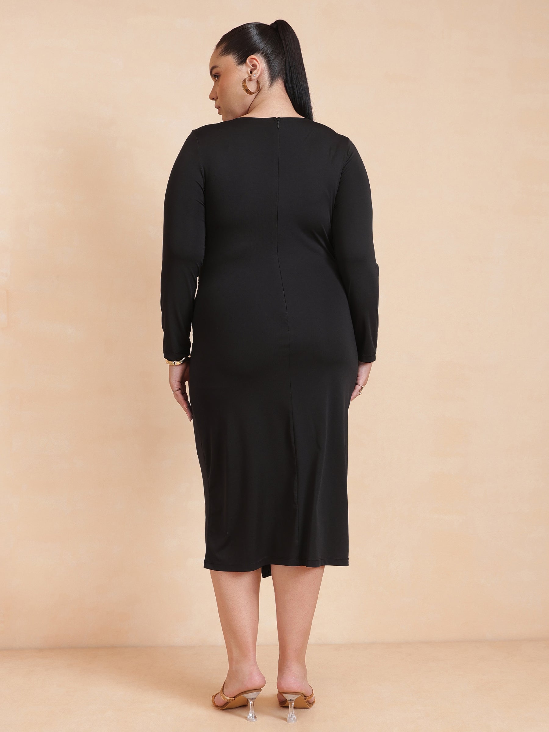 Women Black Front Tie-Knot Bodycon Midi Dress