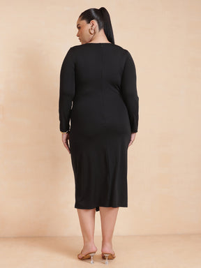 Women Black Front Tie-Knot Bodycon Midi Dress