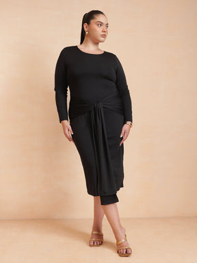 Women Black Front Tie-Knot Bodycon Midi Dress