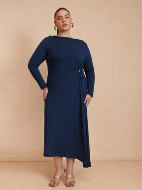 Women Navy Draped Full Sleeves Midi Dress