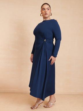 Navy Draped Full Sleeves Midi Dress-SASSAFRAS Curve